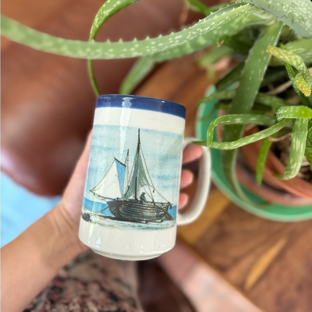 Vintage Otagari Sailboat Ceramic Mug with Blue Rim